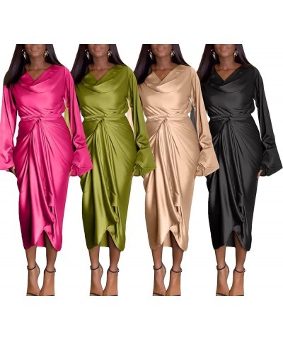 Women's Elegant Midi Satin Dress Long Sleeve Floral Wrap Crewneck Plus Size Pencil Silk Wedding Maxi Dresses L477-rose $20.90...