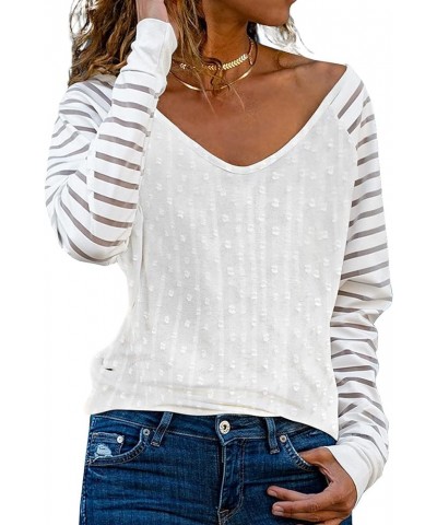 EVALESS Women's Casual V Neck Tops Long Sleeve Shirts Mesh Sheer Patchwork Blouses and Tops White 3 $15.45 Tops