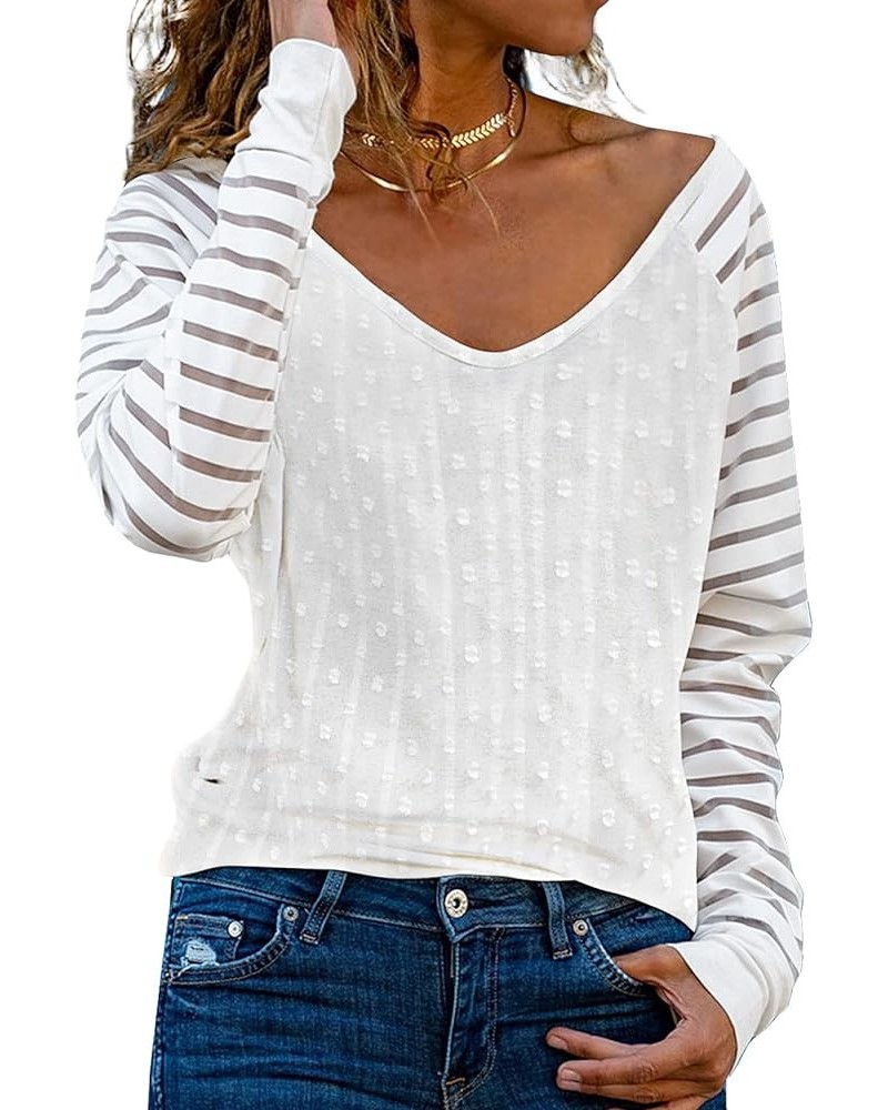 EVALESS Women's Casual V Neck Tops Long Sleeve Shirts Mesh Sheer Patchwork Blouses and Tops White 3 $15.45 Tops
