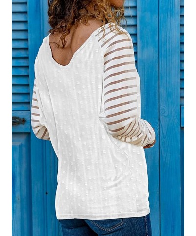 EVALESS Women's Casual V Neck Tops Long Sleeve Shirts Mesh Sheer Patchwork Blouses and Tops White 3 $15.45 Tops