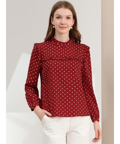 Women's Fall Fashion Long Sleeve Mock Neck Ruffle Polka Dots Blouse Tops Dark Red $15.26 Blouses