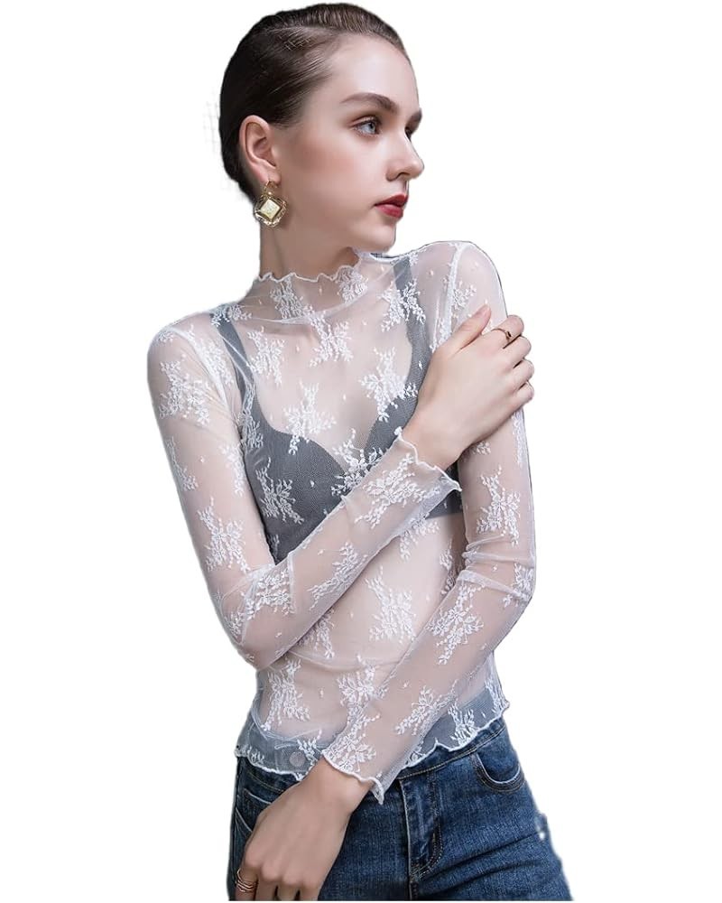 Women's Long Sleeve Bodycon Turtleneck Tees Top Lace Sexy See Through Sheer Mesh Eyelash Trim Shirts Elegant Blouse Lace Whit...