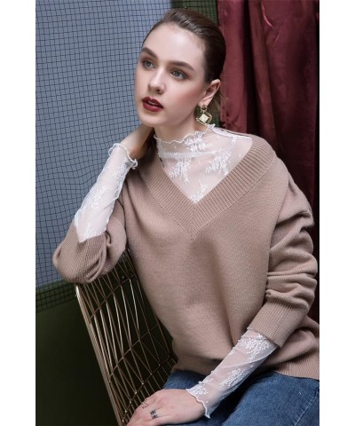 Women's Long Sleeve Bodycon Turtleneck Tees Top Lace Sexy See Through Sheer Mesh Eyelash Trim Shirts Elegant Blouse Lace Whit...