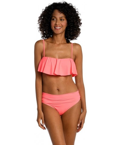 Women's Standard Island Goddess Ruffle Bandeau Bikini Swimsuit Top Hot Coral $30.76 Swimsuits