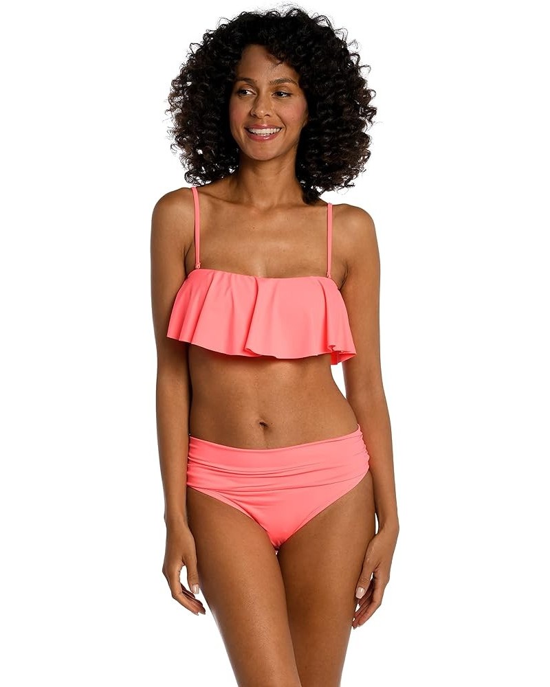 Women's Standard Island Goddess Ruffle Bandeau Bikini Swimsuit Top Hot Coral $30.76 Swimsuits
