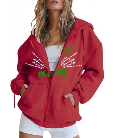 Womens Hoodies Cute Zip up Hoodies for Women Long Sleeve Fall Oversized Casual Drawstring Sweatshirts with Pocket Red-1 $14.1...