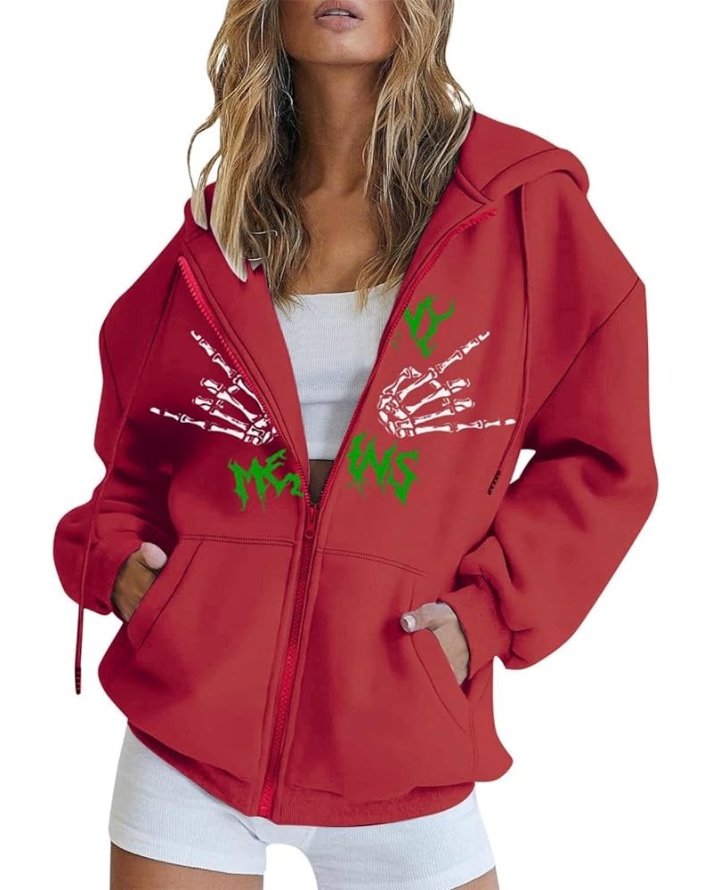 Womens Hoodies Cute Zip up Hoodies for Women Long Sleeve Fall Oversized Casual Drawstring Sweatshirts with Pocket Red-1 $14.1...