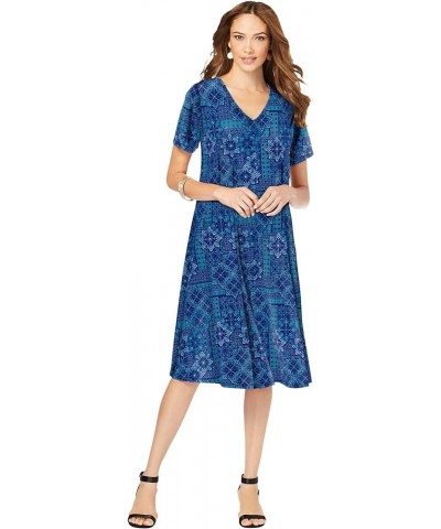 Women's Plus Size Petite Ultrasmooth Fabric V-Neck Swing Dress Navy Star Medallion $22.00 Dresses