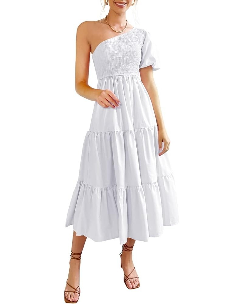 Women's Boho Smocked Dress One Shoulder Dresses Summer Casual Midi Dresses Short Puff Sleeves Tiered Flowy Beach Long Dresses...