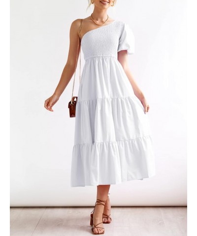 Women's Boho Smocked Dress One Shoulder Dresses Summer Casual Midi Dresses Short Puff Sleeves Tiered Flowy Beach Long Dresses...