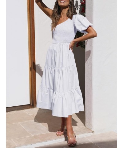 Women's Boho Smocked Dress One Shoulder Dresses Summer Casual Midi Dresses Short Puff Sleeves Tiered Flowy Beach Long Dresses...