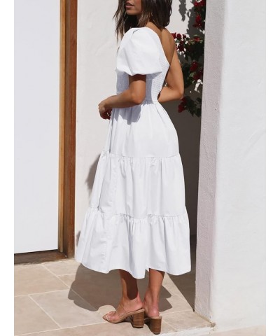 Women's Boho Smocked Dress One Shoulder Dresses Summer Casual Midi Dresses Short Puff Sleeves Tiered Flowy Beach Long Dresses...