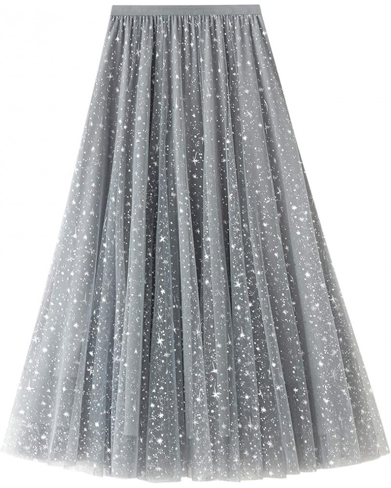 Women Tutu Tulle Skirt Elastic High Waist Layered Skirt Floral Print Mesh A-Line Midi Skirt Star Gray $10.32 Skirts