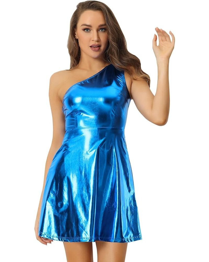 Metallic Sparkle Dress for Women's Party Disco One Shoulder Sleeveless Holographic Dresses Royal Blue $20.74 Dresses