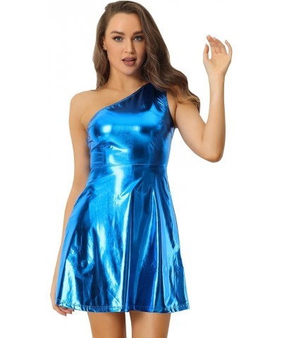 Metallic Sparkle Dress for Women's Party Disco One Shoulder Sleeveless Holographic Dresses Royal Blue $20.74 Dresses