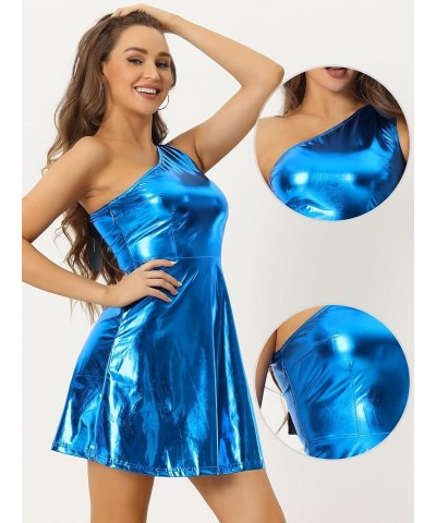 Metallic Sparkle Dress for Women's Party Disco One Shoulder Sleeveless Holographic Dresses Royal Blue $20.74 Dresses