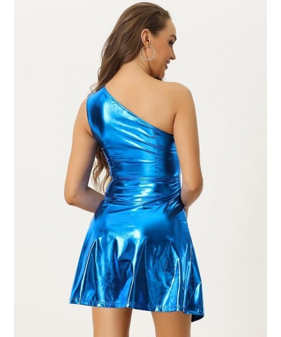 Metallic Sparkle Dress for Women's Party Disco One Shoulder Sleeveless Holographic Dresses Royal Blue $20.74 Dresses