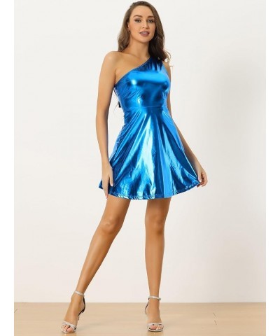 Metallic Sparkle Dress for Women's Party Disco One Shoulder Sleeveless Holographic Dresses Royal Blue $20.74 Dresses