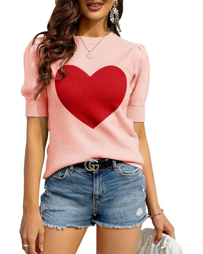 Womens Puff Short Sleeve Sweater Crew Neck Pullover Tops Ribbed Knit Sweater Blouse Z-x-pink $16.39 Sweaters
