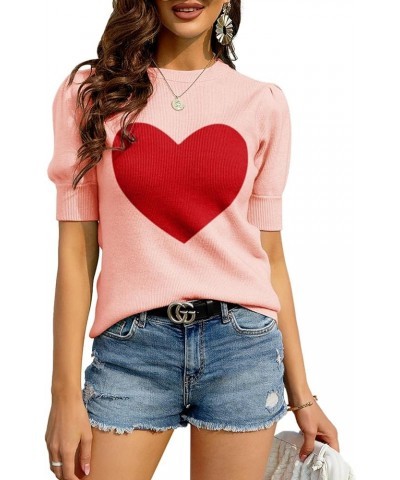 Womens Puff Short Sleeve Sweater Crew Neck Pullover Tops Ribbed Knit Sweater Blouse Z-x-pink $16.39 Sweaters