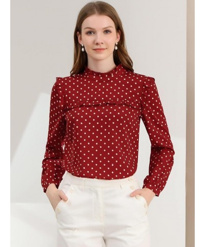 Women's Fall Fashion Long Sleeve Mock Neck Ruffle Polka Dots Blouse Tops Dark Red $15.26 Blouses