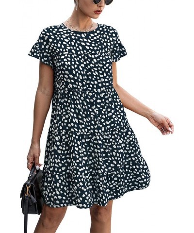 Women's 2024 Summer Casual Dress Ruffle Short Sleeves Floral Print Round Neck Loose Pleated Tiered Mini Dresses Navy $10.99 D...