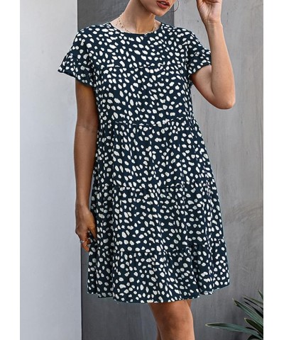 Women's 2024 Summer Casual Dress Ruffle Short Sleeves Floral Print Round Neck Loose Pleated Tiered Mini Dresses Navy $10.99 D...