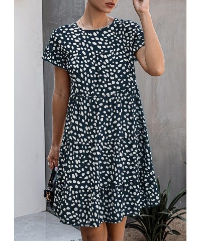 Women's 2024 Summer Casual Dress Ruffle Short Sleeves Floral Print Round Neck Loose Pleated Tiered Mini Dresses Navy $10.99 D...