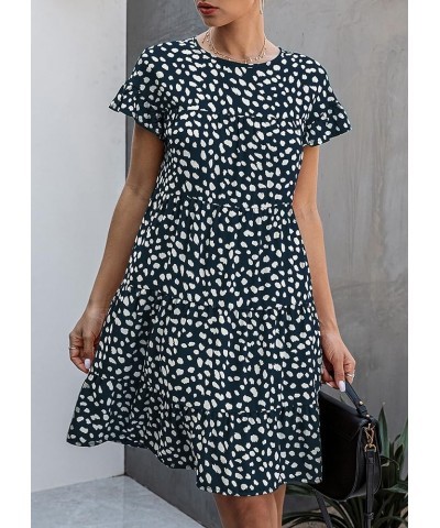 Women's 2024 Summer Casual Dress Ruffle Short Sleeves Floral Print Round Neck Loose Pleated Tiered Mini Dresses Navy $10.99 D...