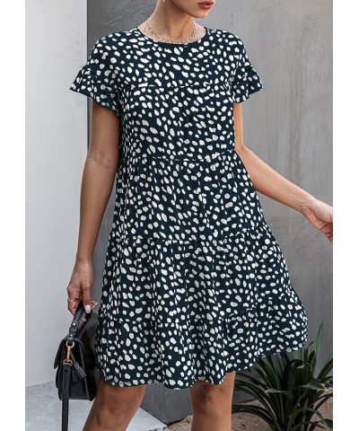 Women's 2024 Summer Casual Dress Ruffle Short Sleeves Floral Print Round Neck Loose Pleated Tiered Mini Dresses Navy $10.99 D...