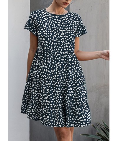 Women's 2024 Summer Casual Dress Ruffle Short Sleeves Floral Print Round Neck Loose Pleated Tiered Mini Dresses Navy $10.99 D...