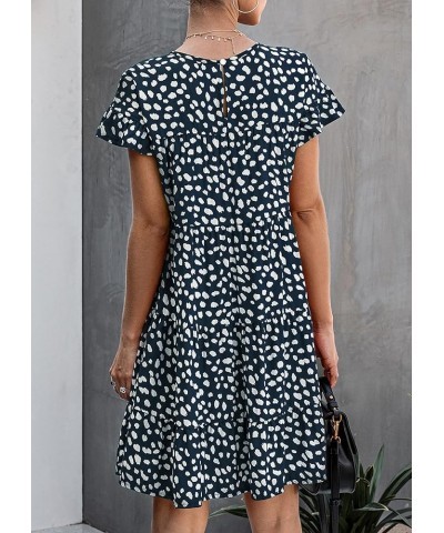 Women's 2024 Summer Casual Dress Ruffle Short Sleeves Floral Print Round Neck Loose Pleated Tiered Mini Dresses Navy $10.99 D...