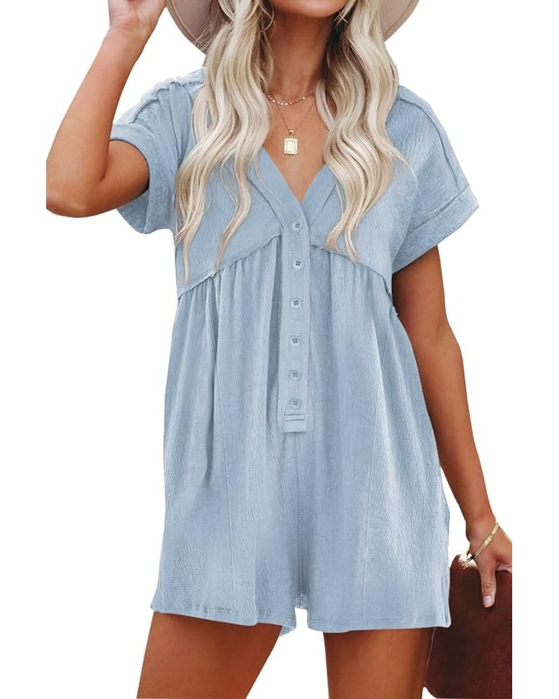 Womens Short Sleeve Summer Rompers Casual Loose Fit V Neck Jumpsuits Sexy Belted Short Romper jumpers 03 Baby Blue $18.08 Rom...