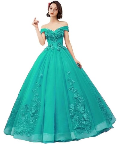 Women's Off Shoulder Satin Prom Evening Dresses Appliques Puffy Long Formal Quinceanera Ball Gown Style2-turquoise $52.50 Dre...