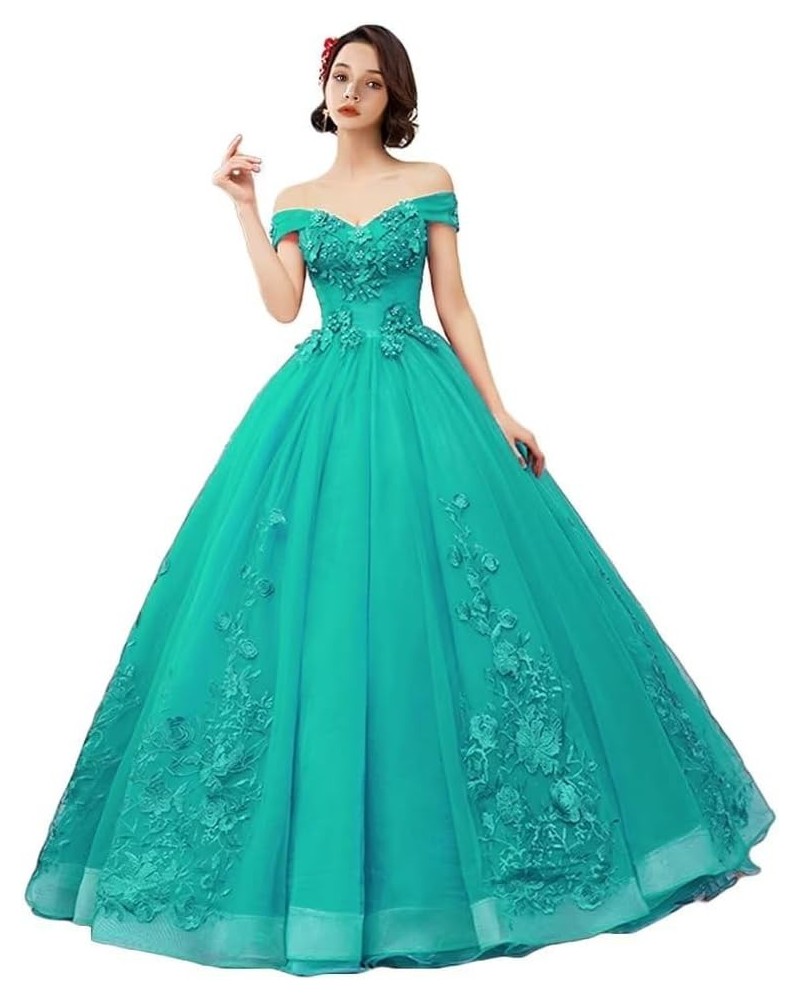 Women's Off Shoulder Satin Prom Evening Dresses Appliques Puffy Long Formal Quinceanera Ball Gown Style2-turquoise $52.50 Dre...