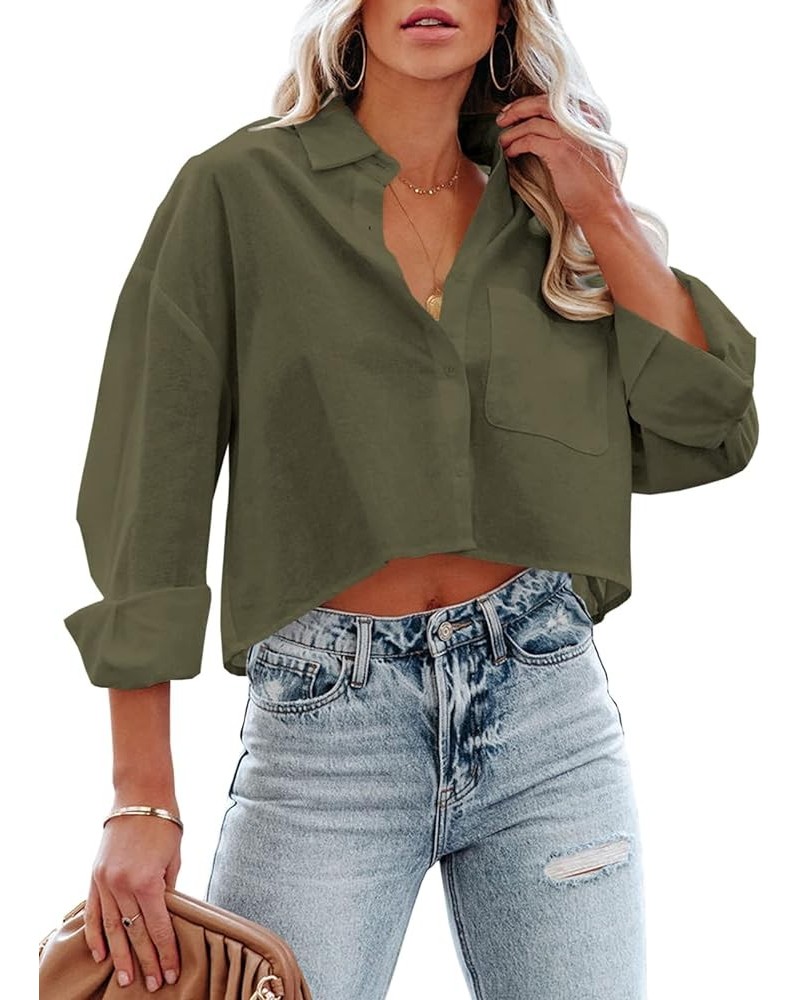 Womens Button Down Cropped Shirts Long Sleeve Casual Crop Tops Solid Lapel Blouse Shirt with Chest Pocket 08-army Green $18.1...