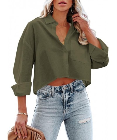 Womens Button Down Cropped Shirts Long Sleeve Casual Crop Tops Solid Lapel Blouse Shirt with Chest Pocket 08-army Green $18.1...