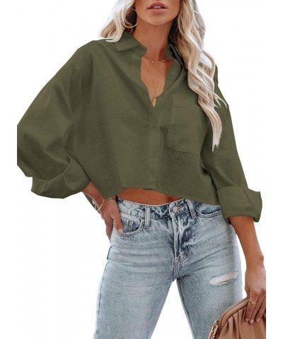 Womens Button Down Cropped Shirts Long Sleeve Casual Crop Tops Solid Lapel Blouse Shirt with Chest Pocket 08-army Green $18.1...