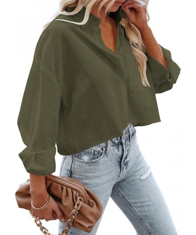 Womens Button Down Cropped Shirts Long Sleeve Casual Crop Tops Solid Lapel Blouse Shirt with Chest Pocket 08-army Green $18.1...