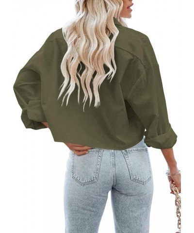 Womens Button Down Cropped Shirts Long Sleeve Casual Crop Tops Solid Lapel Blouse Shirt with Chest Pocket 08-army Green $18.1...