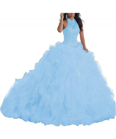 Women Halter Beaded Organza Ruffles Quinceanera Dresses for Sweet 16 Ball Gowns Light Blue $62.61 Dresses