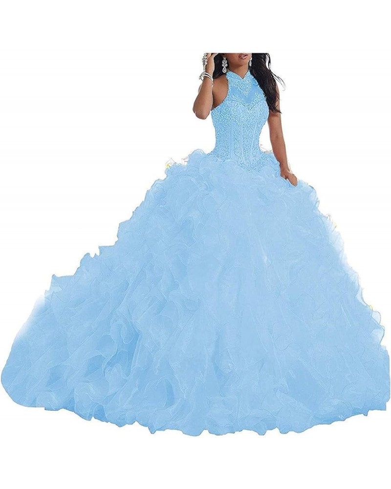 Women Halter Beaded Organza Ruffles Quinceanera Dresses for Sweet 16 Ball Gowns Light Blue $62.61 Dresses
