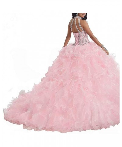 Women Halter Beaded Organza Ruffles Quinceanera Dresses for Sweet 16 Ball Gowns Light Blue $62.61 Dresses