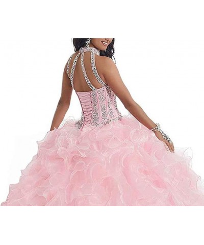 Women Halter Beaded Organza Ruffles Quinceanera Dresses for Sweet 16 Ball Gowns Light Blue $62.61 Dresses