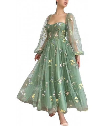 Flower Embroidery Tulle Homecoming Dresses for Teens Spaghetti Straps Short Prom Party Gown A-sage Green-long Sleeve $27.30 D...