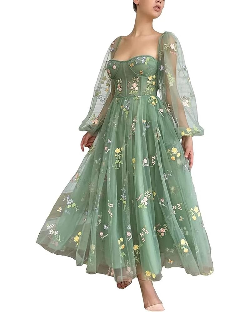 Flower Embroidery Tulle Homecoming Dresses for Teens Spaghetti Straps Short Prom Party Gown A-sage Green-long Sleeve $27.30 D...