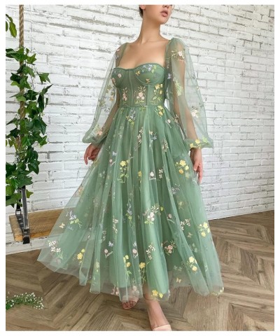 Flower Embroidery Tulle Homecoming Dresses for Teens Spaghetti Straps Short Prom Party Gown A-sage Green-long Sleeve $27.30 D...