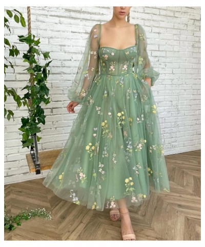 Flower Embroidery Tulle Homecoming Dresses for Teens Spaghetti Straps Short Prom Party Gown A-sage Green-long Sleeve $27.30 D...