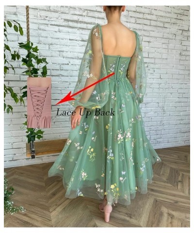 Flower Embroidery Tulle Homecoming Dresses for Teens Spaghetti Straps Short Prom Party Gown A-sage Green-long Sleeve $27.30 D...