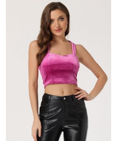 Women's Crop Cami Top Sweetheart Neck Sleeveless Halloween Cocktail Party Velvet Tank Top Hot Pink $18.14 Tanks